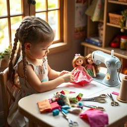 A young girl focused on sewing a doll's dress, sitting at a quaint sewing table surrounded by colorful fabric pieces, scissors, and threads