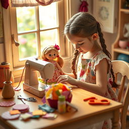 A young girl focused on sewing a doll's dress, sitting at a quaint sewing table surrounded by colorful fabric pieces, scissors, and threads