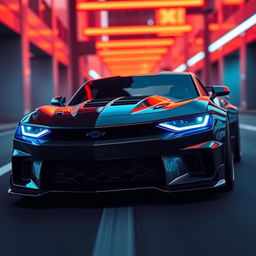 A futuristic concept design of a 2026 Camaro and Mustang Dark Horse crossover