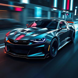 A futuristic concept design of a 2026 Camaro and Mustang Dark Horse crossover