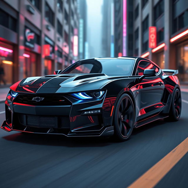 A futuristic concept design of a 2026 Camaro and Mustang Dark Horse crossover