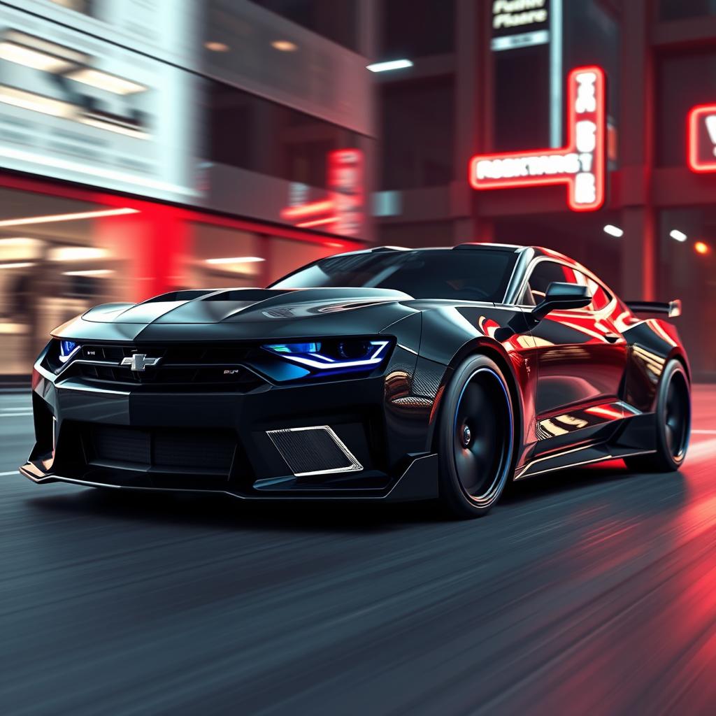 A futuristic concept design of a 2026 Camaro and Mustang Dark Horse crossover