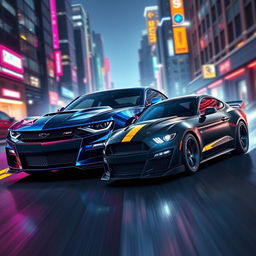 A stunning concept design featuring a fierce rivalry between a dark, muscular 2024 Camaro and a sleek, aggressive Mustang Dark Horse, set in a high-octane environment
