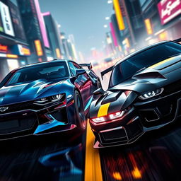 A stunning concept design featuring a fierce rivalry between a dark, muscular 2024 Camaro and a sleek, aggressive Mustang Dark Horse, set in a high-octane environment