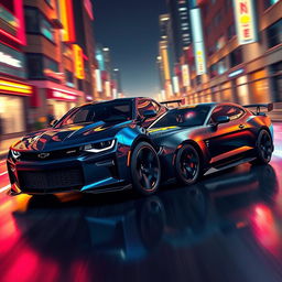 A stunning concept design featuring a fierce rivalry between a dark, muscular 2024 Camaro and a sleek, aggressive Mustang Dark Horse, set in a high-octane environment