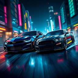 A stunning concept design featuring a fierce rivalry between a dark, muscular 2024 Camaro and a sleek, aggressive Mustang Dark Horse, set in a high-octane environment