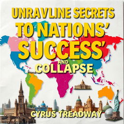 A flat book cover design for 'Unraveling the Secrets to Nations' Success and Collapse' by Cyrus Treadway
