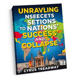 A flat book cover design for 'Unraveling the Secrets to Nations' Success and Collapse' by Cyrus Treadway