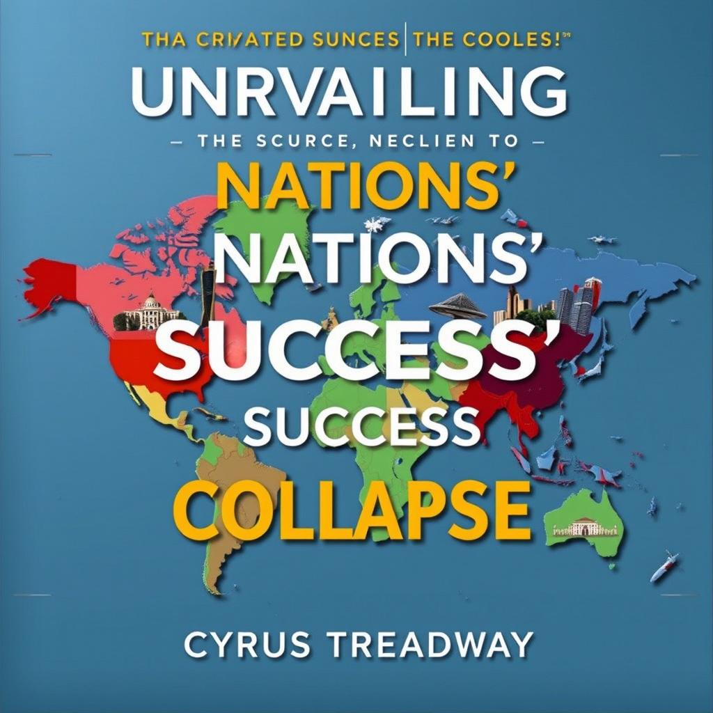 A flat book cover design for 'Unraveling the Secrets to Nations' Success and Collapse' by Cyrus Treadway