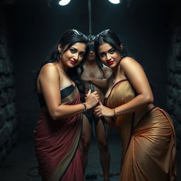 Two sexy, hot, busty beautiful milfs with voluptuous figures, bent forward in an enticing pose