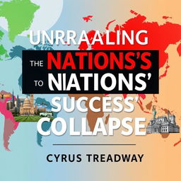 A flat book cover design titled 'Unraveling the Secrets to Nations' Success and Collapse' by Cyrus Treadway