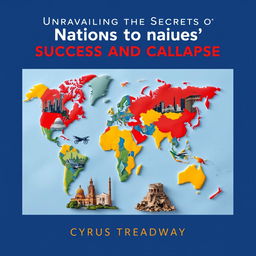 A flat book cover design titled 'Unraveling the Secrets to Nations' Success and Collapse' by Cyrus Treadway