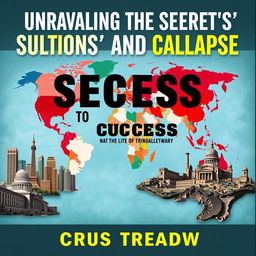 A flat book cover design titled 'Unraveling the Secrets to Nations' Success and Collapse' by Cyrus Treadway