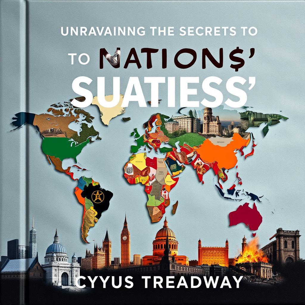 A flat book cover design titled 'Unraveling the Secrets to Nations' Success and Collapse' by Cyrus Treadway