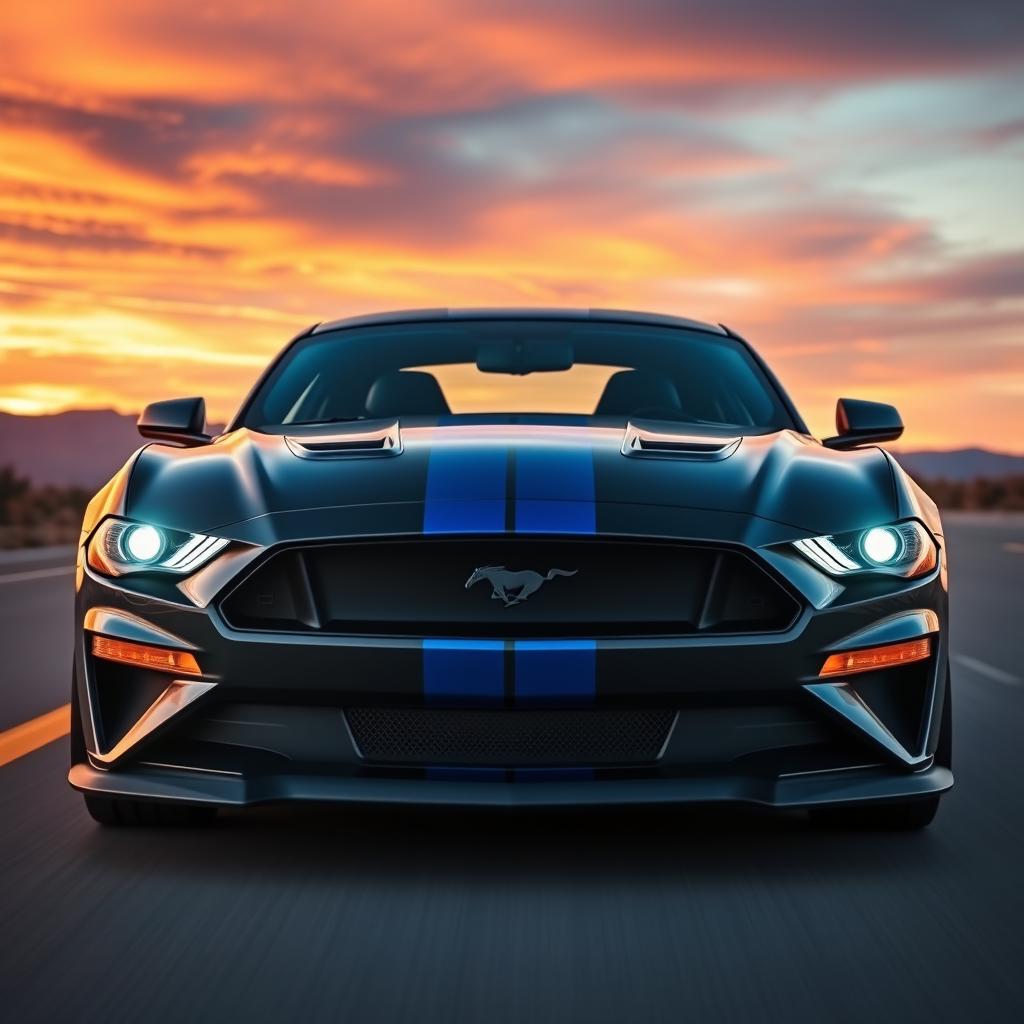 A sleek and powerful 2024 Mustang Dark Horse, showcasing its aggressive design and aerodynamic lines in a vibrant sunset background