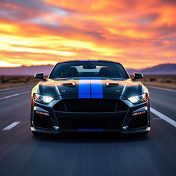 A sleek and powerful 2024 Mustang Dark Horse, showcasing its aggressive design and aerodynamic lines in a vibrant sunset background