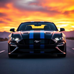 A sleek and powerful 2024 Mustang Dark Horse, showcasing its aggressive design and aerodynamic lines in a vibrant sunset background