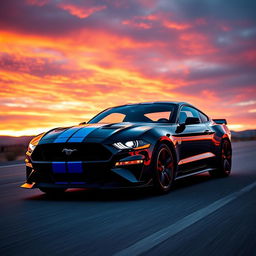 A sleek and powerful 2024 Mustang Dark Horse, showcasing its aggressive design and aerodynamic lines in a vibrant sunset background
