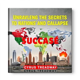A flat book cover design titled 'Unraveling the Secrets to Nations' Success and Collapse' by Cyrus Treadway