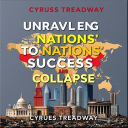A flat book cover design titled 'Unraveling the Secrets to Nations' Success and Collapse' by Cyrus Treadway