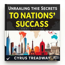 A flat book cover design titled 'Unraveling the Secrets to Nations' Success and Collapse' by Cyrus Treadway