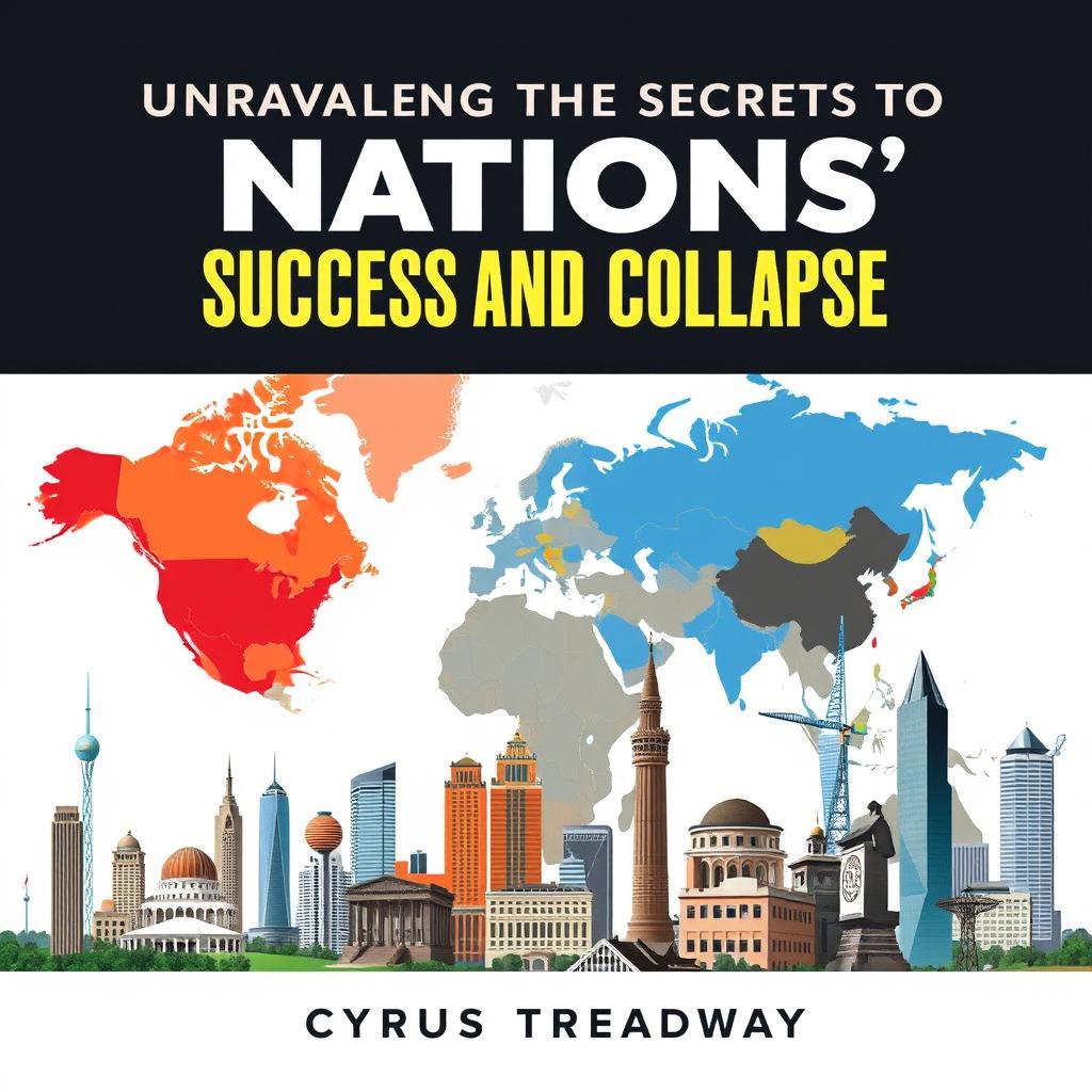 A flat book cover design titled 'Unraveling the Secrets to Nations' Success and Collapse' by Cyrus Treadway