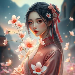 A mystical fantasy scene featuring Hu Tao, a young woman with dark hair styled with red and white accessories, dressed in traditional Chinese attire with floral motifs