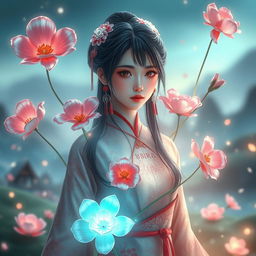 A mystical fantasy scene featuring Hu Tao, a young woman with dark hair styled with red and white accessories, dressed in traditional Chinese attire with floral motifs