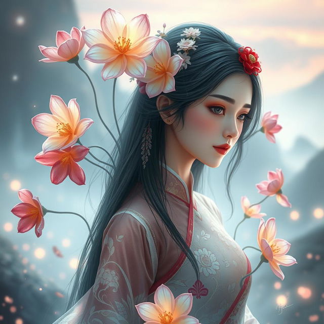 A mystical fantasy scene featuring Hu Tao, a young woman with dark hair styled with red and white accessories, dressed in traditional Chinese attire with floral motifs