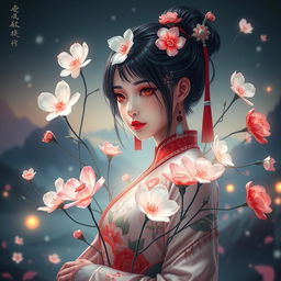 A mystical fantasy scene featuring Hu Tao, a young woman with dark hair styled with red and white accessories, dressed in traditional Chinese attire with floral motifs