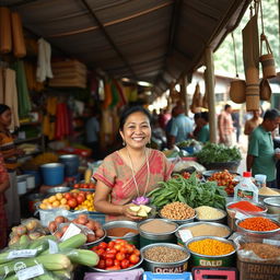 In a vibrant traditional Javanese market during the 1990s, a newcomer named Marni stands behind her bustling grocery stall
