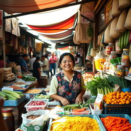 In a vibrant traditional Javanese market during the 1990s, a newcomer named Marni stands behind her bustling grocery stall