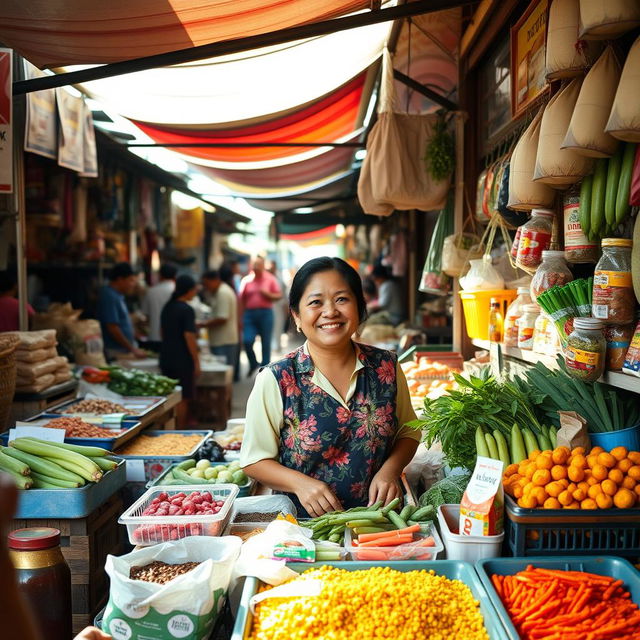 In a vibrant traditional Javanese market during the 1990s, a newcomer named Marni stands behind her bustling grocery stall