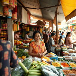 In a vibrant traditional Javanese market during the 1990s, a newcomer named Marni stands behind her bustling grocery stall