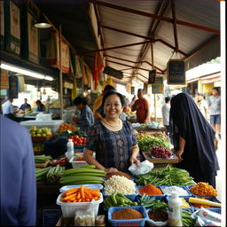 In a vibrant traditional Javanese market during the 1990s, a newcomer named Marni stands behind her bustling grocery stall