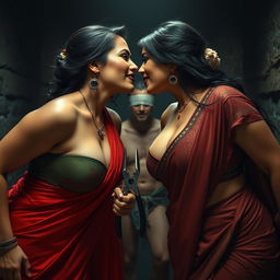 Two sexy, hot, busty beautiful milfs with voluptuous figures, bent forward in a captivating kiss pose