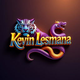 A 3D logo featuring the name 'Kevin Lesmana' creatively integrated with a majestic tiger and a stylized dragon snake