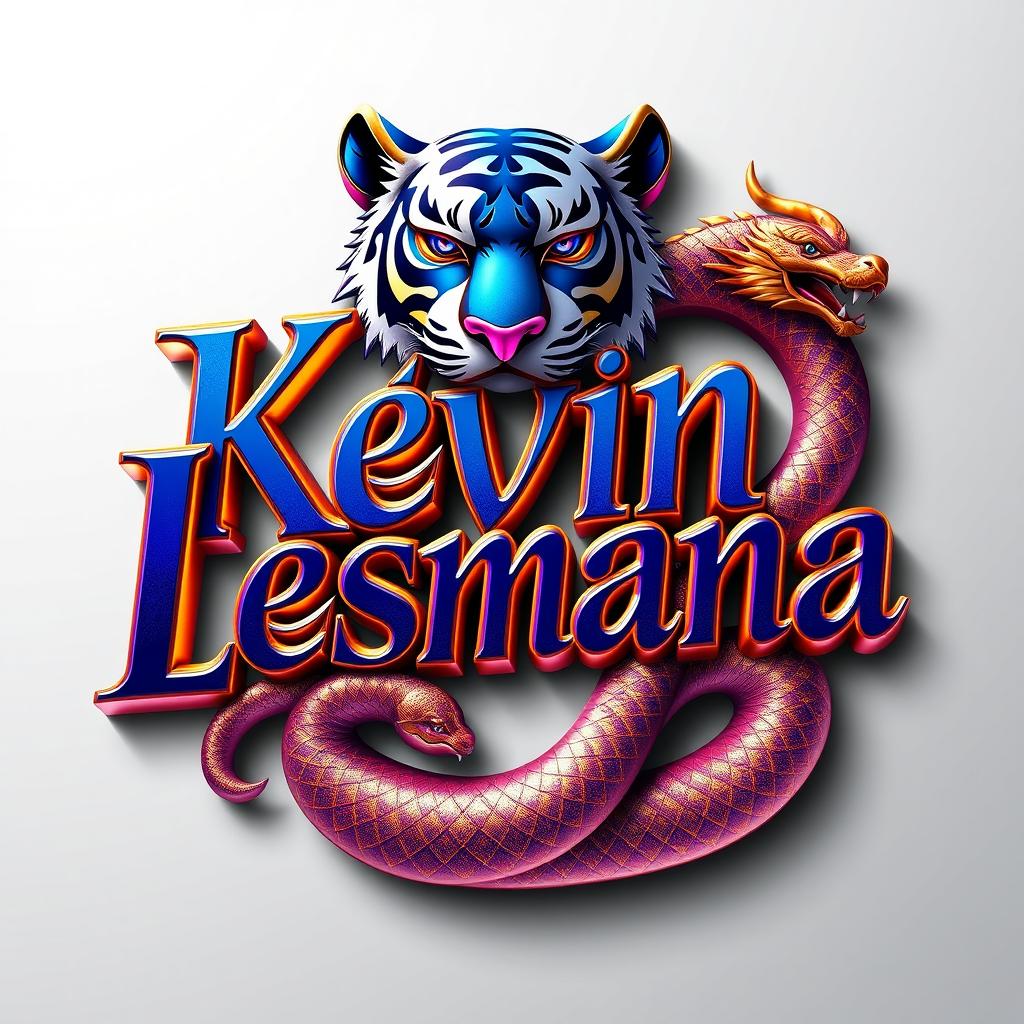 A 3D logo featuring the name 'Kevin Lesmana' creatively integrated with a majestic tiger and a stylized dragon snake