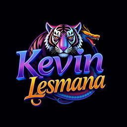 A 3D logo featuring the name 'Kevin Lesmana' creatively integrated with a majestic tiger and a stylized dragon snake