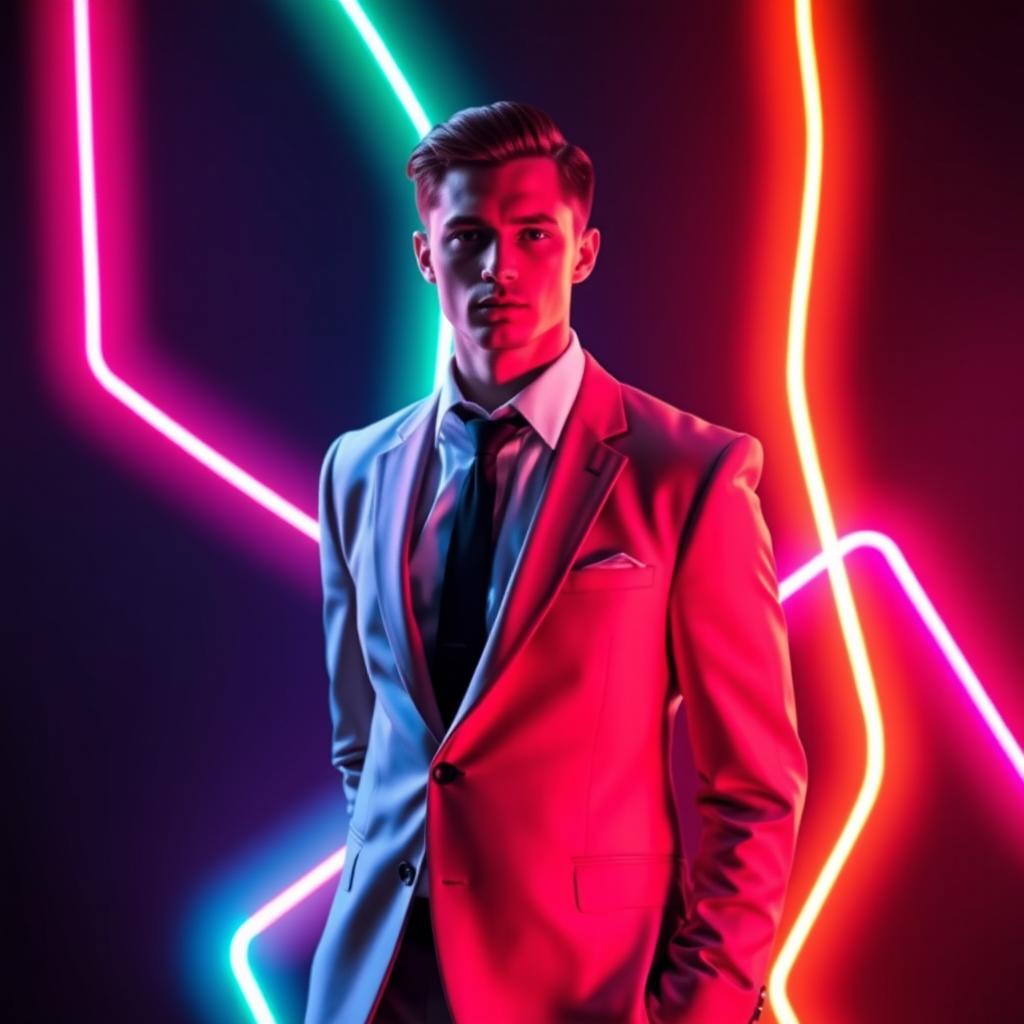 A stylish figure dressed in formal attire standing confidently against a black background, illuminated by vibrant neon lights in various colors