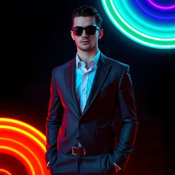 A stylish figure dressed in formal attire standing confidently against a black background, illuminated by vibrant neon lights in various colors