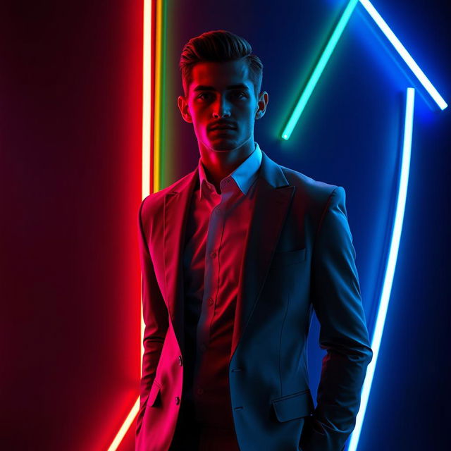 A stylish figure dressed in formal attire standing confidently against a black background, illuminated by vibrant neon lights in various colors