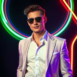 A stylish figure dressed in formal attire standing confidently against a black background, illuminated by vibrant neon lights in various colors
