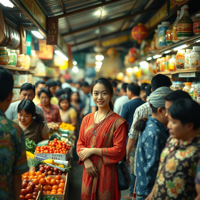 An bustling traditional market scene set in the 1990s, showcasing a crowded grocery store filled with diverse customers of various ages