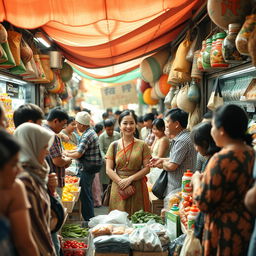 An bustling traditional market scene set in the 1990s, showcasing a crowded grocery store filled with diverse customers of various ages