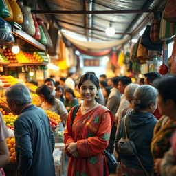 An bustling traditional market scene set in the 1990s, showcasing a crowded grocery store filled with diverse customers of various ages
