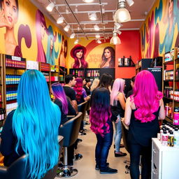 A vibrant, colorful hair salon interior showcasing various hair dye products and a warm inviting atmosphere