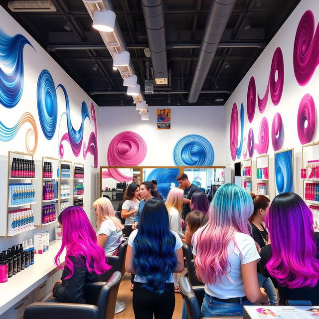 A vibrant, colorful hair salon interior showcasing various hair dye products and a warm inviting atmosphere