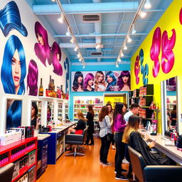 A vibrant, colorful hair salon interior showcasing various hair dye products and a warm inviting atmosphere