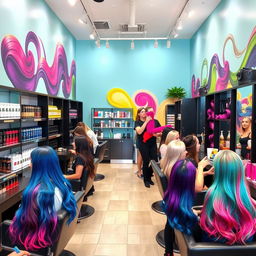 A vibrant, colorful hair salon interior showcasing various hair dye products and a warm inviting atmosphere